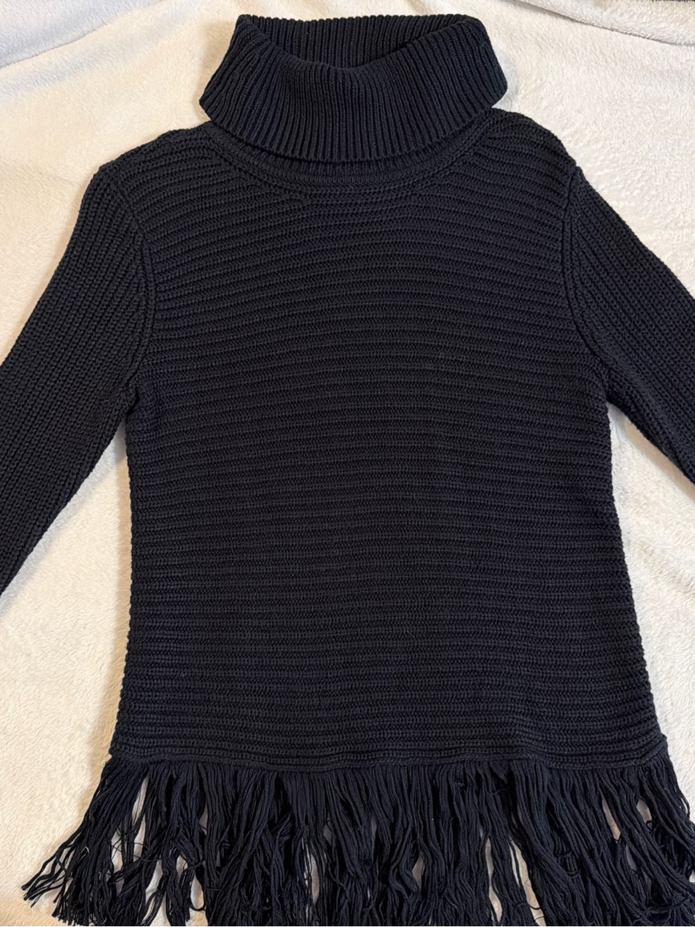 Michael Kors Black Ribbed Turtleneck Sweater with Fringe